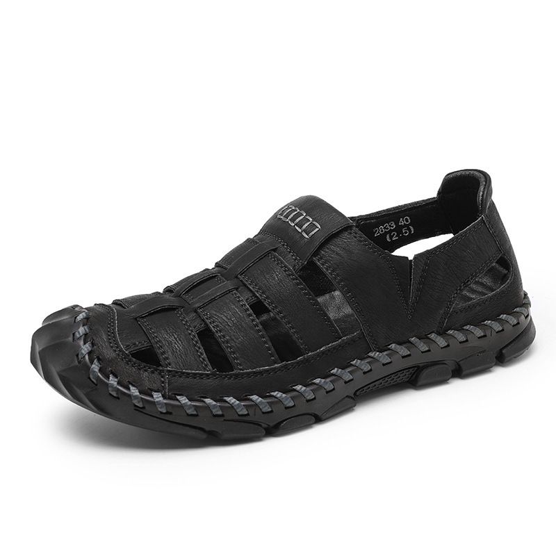 Men's Summer Closed-Toe Genuine Leather Sandals For Outdoor Driving, Soft Sole, Non-Slip, Water-Resistant, Hollow Out,_vogvips.com