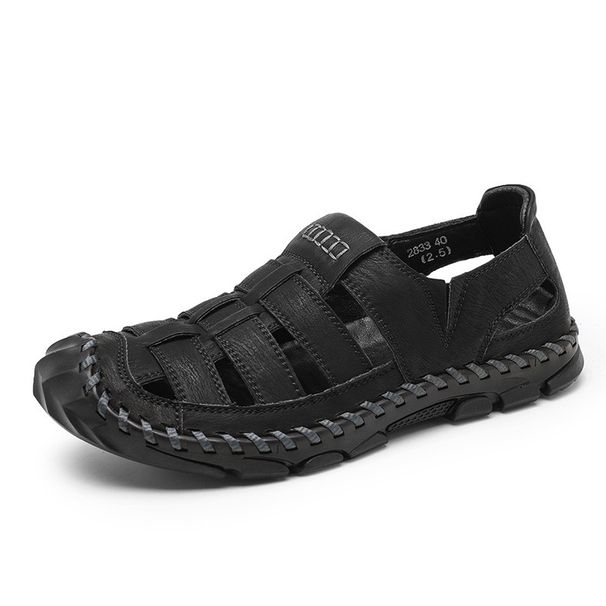 Men's Summer Closed-Toe Genuine Leather Sandals For Outdoor Driving, Soft Sole, Non-Slip, Water-Resistant, Hollow Out,_vogvips.com