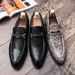 Suitable For All Seasons Hair Stylist Men With Suit Pants, Snake Pattern Pointed Toe Casual Nightclub Bar Slip-On Leather Shoes For Fashion Show_vogvips.com