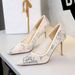 1963-5 European And American Style Fashionable Elegant High Heel Women's Pointed Toe Shallow Mouth Sequin Lace Mesh_vogvips.com