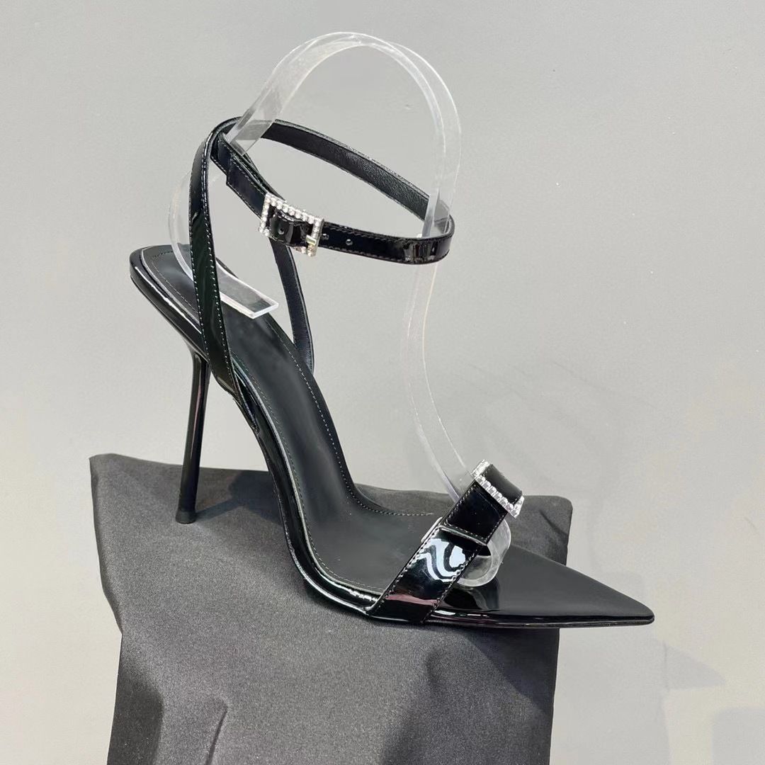 New Style Women's High-heeled Shoes With Rhinestone Square Buckle, Pointed Toe, Sexy Side Cutout, Thin Heel, And Single_vogvips.com