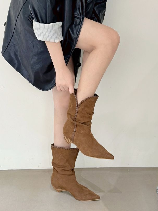 Brown Pointed Toe Slim Mid-Calf Martin Women's 2025 Autumn Winter Chunky Heel Slouch Western Cowboy Ankle Boots_vogvips.com
