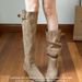 Lancui Edition ~ Lazy Style Women's Winter Retro Slouch French Slimming High Chunky Heel Suede Khaki Long Boots_vogvips.com