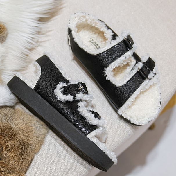Autumn Winter Trendy Thick Sole One-Strap Fleece-Lined Thickened Lamb Wool Slippers Warm Shoes Double Buckle_vogvips.com