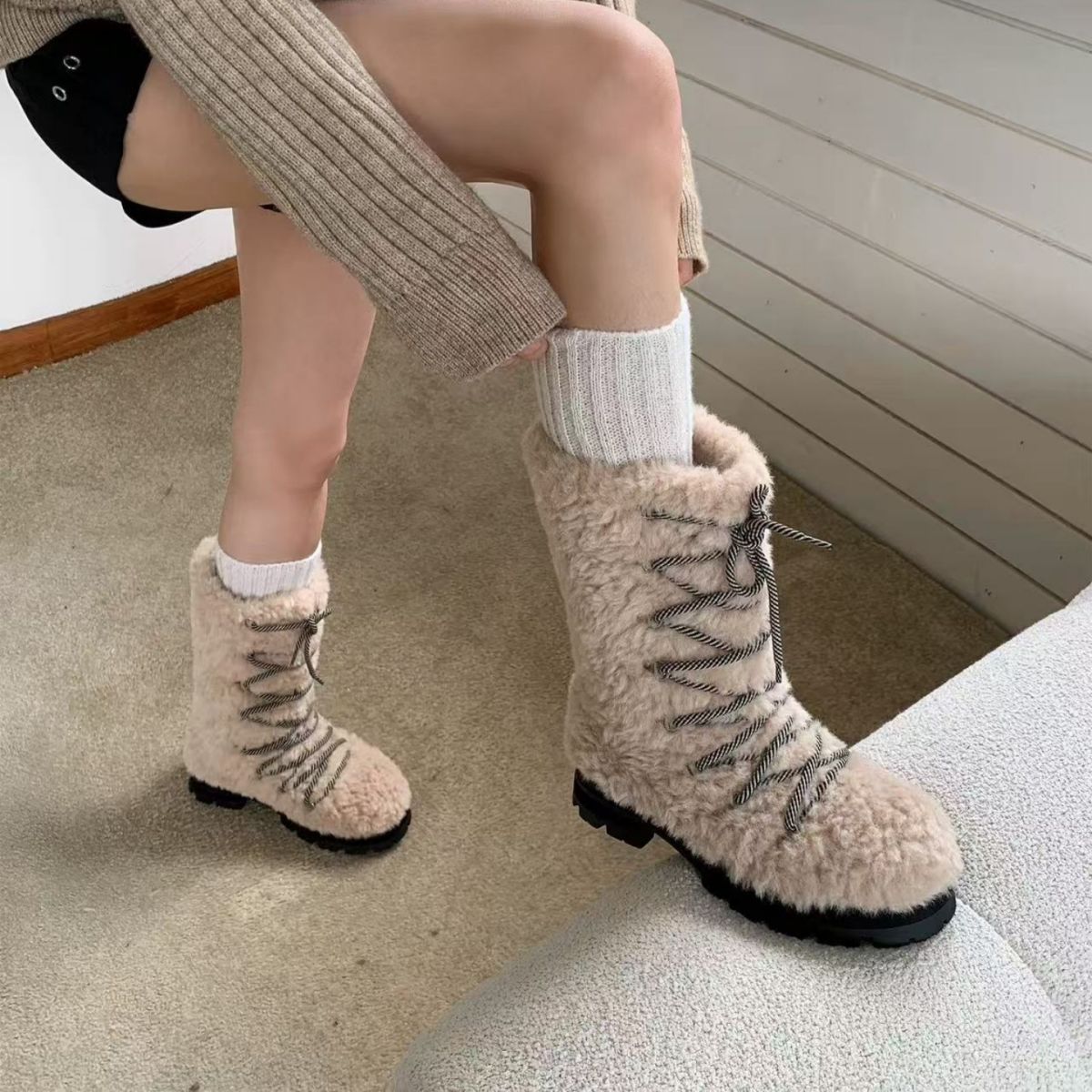 Fashion Versatile Furry Lace-up Boots For Women 2025 New Thick Sole Heightening Fleece Lined Thickened Warm Northeast_vogvips.com