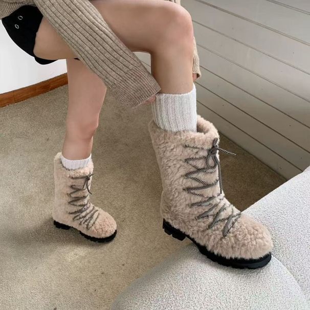 Fashion Versatile Furry Lace-up Boots For Women 2025 New Thick Sole Heightening Fleece Lined Thickened Warm Northeast_vogvips.com