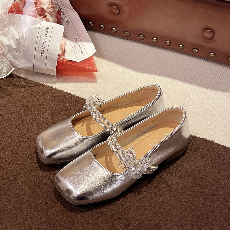 French Silver Flat-bottomed Square-headed Mary Jane Single Shoes Women's Summer Rhinestone Bow With Skirt Small Leather Shoes_vogvips.com