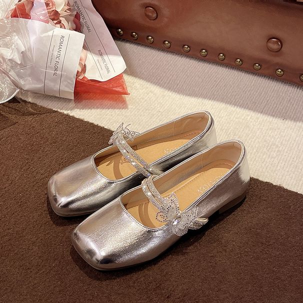 French Silver Flat-bottomed Square-headed Mary Jane Single Shoes Women's Summer Rhinestone Bow With Skirt Small Leather Shoes_vogvips.com