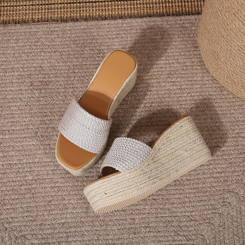 Women’s Shoes Wedge Heel Thick Bottom High Heel Square Head Sandals Women's Flip Flops Straw Rope Bottom_vogvips.com