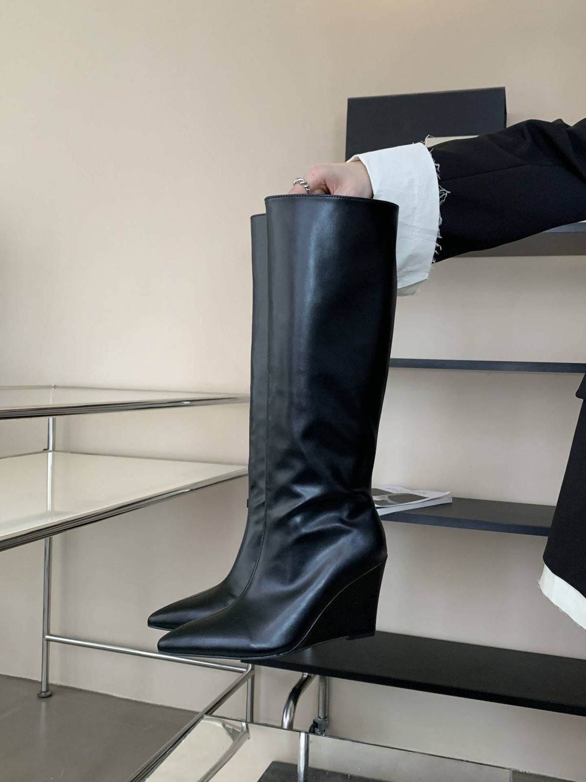 Knee High Boots Pointed Toe Boots For Women Autumn And Winter Wedge Heel Knight Boots_vogvips.com