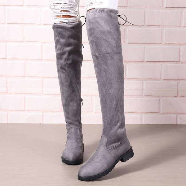 Women's Knee-High Stretch Boots - Soft Suede & Cozy Fleece Lining - Round Toe Flat Heel - Black/Gray/Brown - Sizes 35-43_vogvips.com