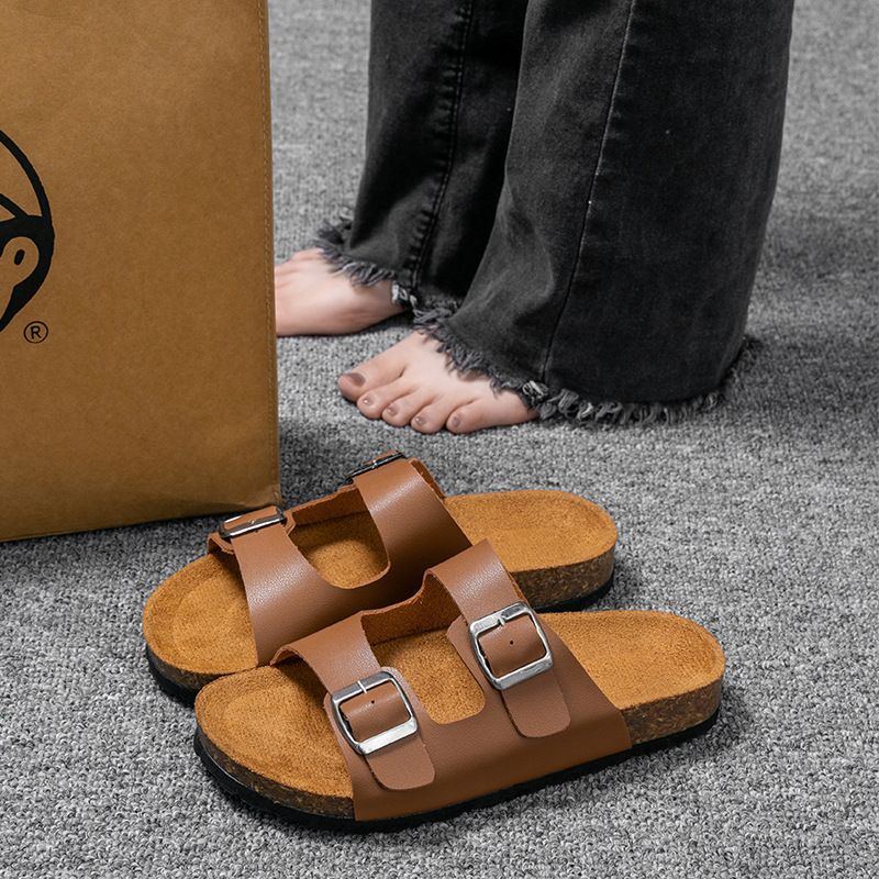 Women's Cork Slippers, Women's Shoes, Outdoor Half Slippers, Men's Two Button Flip Flops, Beach Shoes, Sandals, Trendy Pine Shoes_vogvips.com