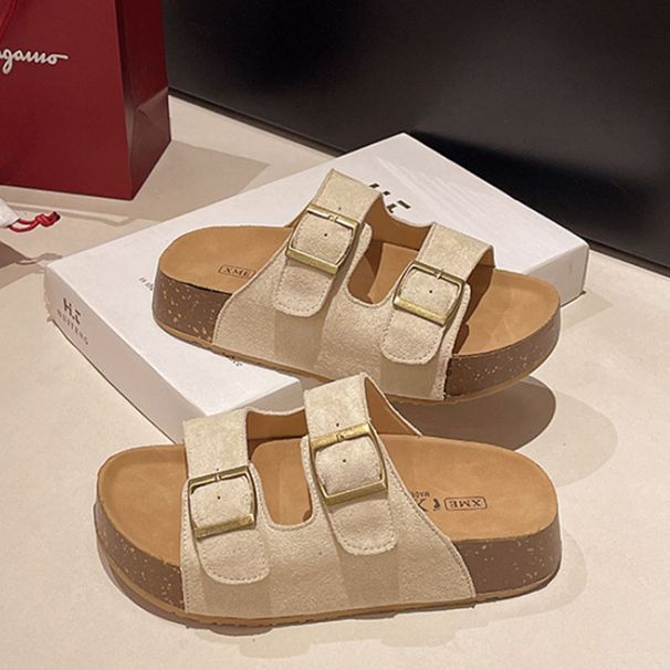 Bebealy Women's Sandals Soft-soled Platform Sandals Double Buckle Roman-style Belt-buckle Slippers Popular Slip-on Flat Slippers_vogvips.com
