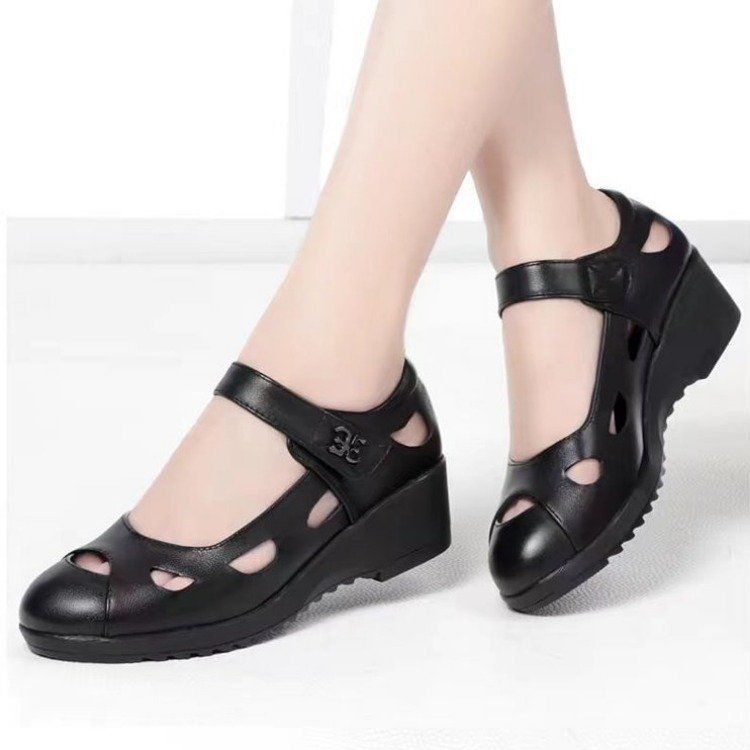 Soft Leather Mother Sandals Breathable Wear-resistant Wedge Heel Velcro Soft-soled Women's Shoes Medium Old Mary Jane Hole Shoes_vogvips.com