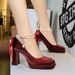 Square Head Thick Heel Waterproof Table High Heels Pearl Word With Back Bow Satin Single Shoes_vogvips.com