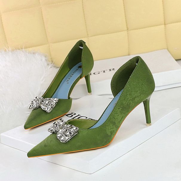 High heels thin heels shallow mouth pointed side hollowed out cloth metal rhinrhinee bow buckle single shoes_vogvips.com