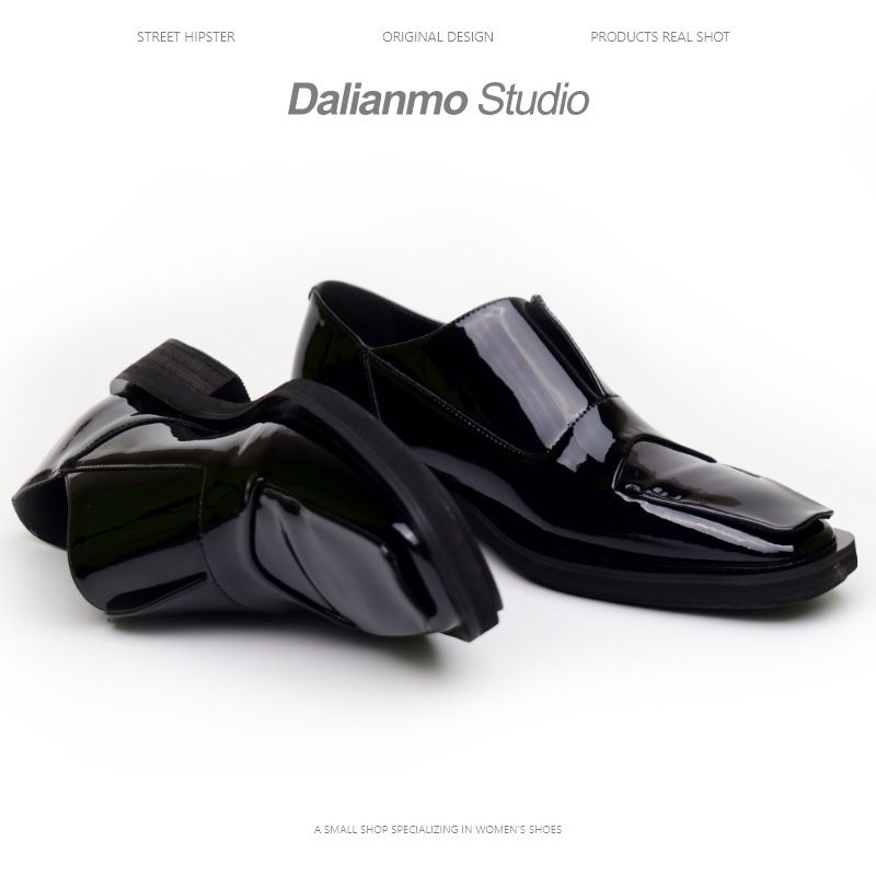 Cowhide Square Men's Style Patent Leather Flat Toe Derby Shoes Glossy Casual Black Loafers_vogvips.com