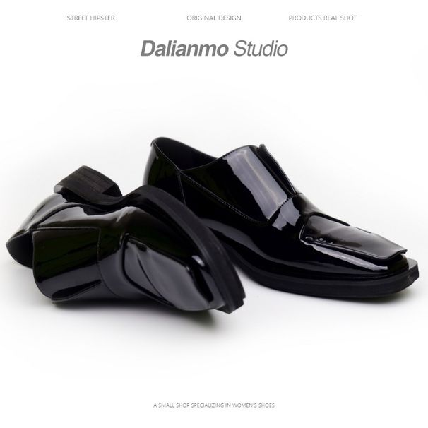 Cowhide Square Men's Style Patent Leather Flat Toe Derby Shoes Glossy Casual Black Loafers_vogvips.com