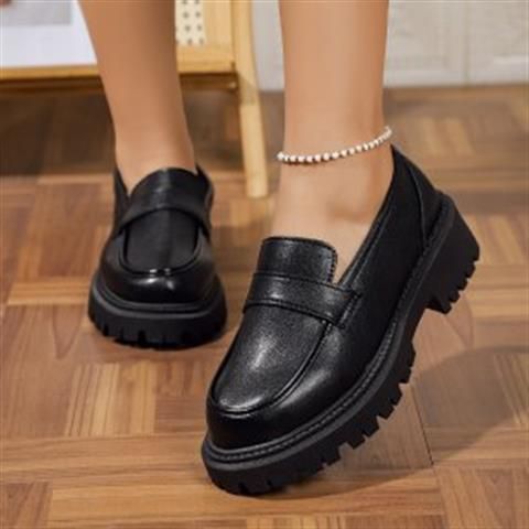 Loafer Shoes Women's New Small Leather Shoes Thick Sole Muffin Casual Round Head Black Thick Sole Single Shoes_vogvips.com