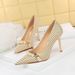 9283-1 European And American Style Houndstooth High Stiletto Heels Shallow Mouth Pointed Toe Pearl Chain Plaid Women's_vogvips.com