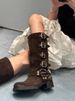 Suede Cowhide Suede MIU Family Knight Belt Buckle High, Knee Length Boots, Brown Western Cowboy Boots_vogvips.com