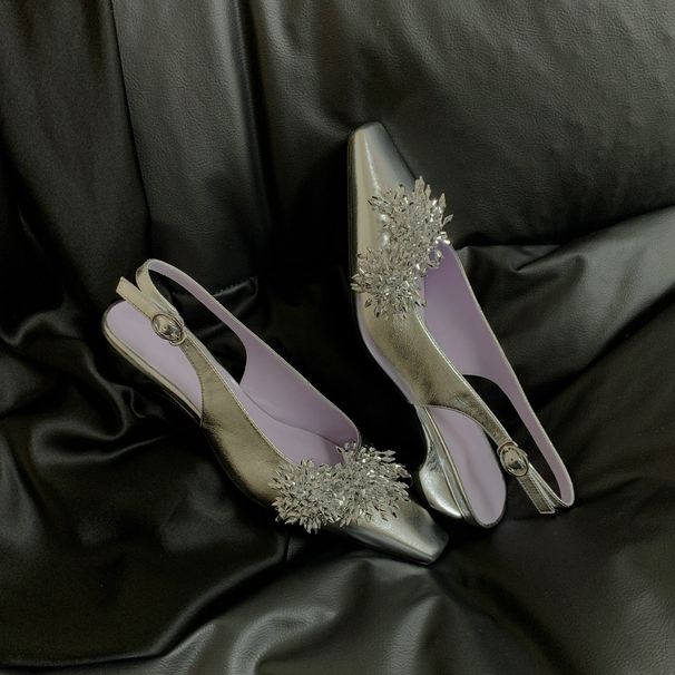 Sheepskin Version Temperament Metal Flower Thick Heel Closed Toe Sandals Women's Back Hollow Shallow Square Toe Mary Jane Single Shoes_vogvips.com