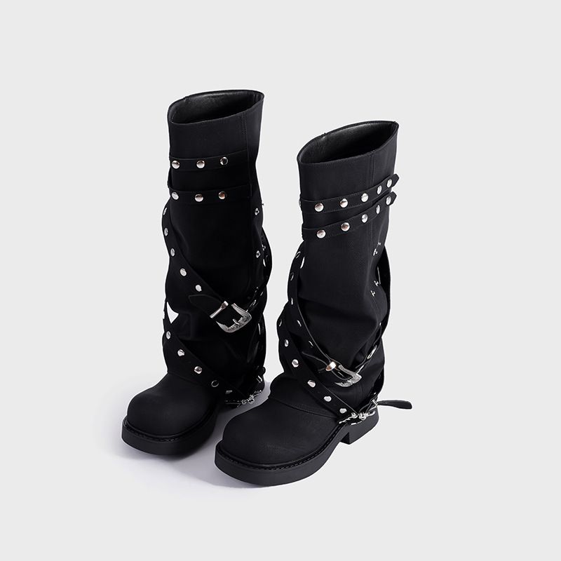 Women's Shoes Niche Design Retro Round Toe Long Boots Rivet Knight Boots Autumn New Maillard Trouser Boots Women_vogvips.com
