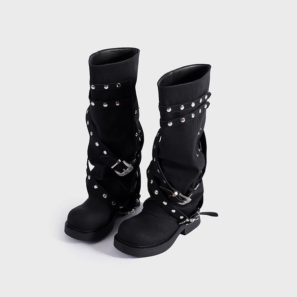 Women's Shoes Niche Design Retro Round Toe Long Boots Rivet Knight Boots Autumn New Maillard Trouser Boots Women_vogvips.com