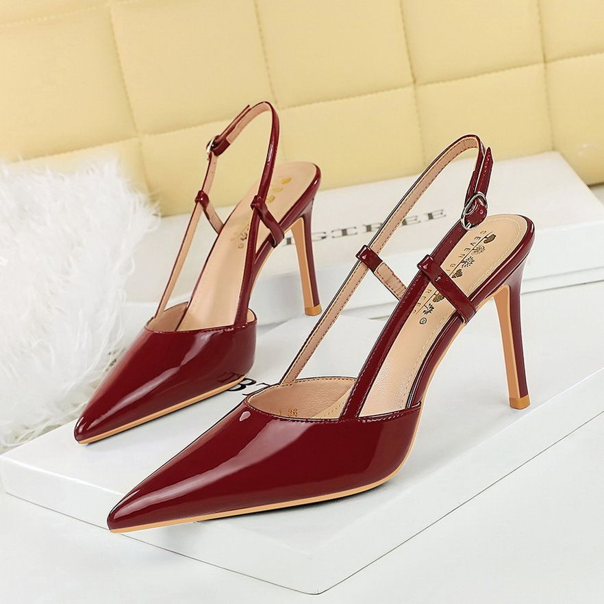 Hollow Pointed High Heels, Thin Heels, Patent Leather Back Empty Rear Strap, Shallow Mouth Women's Single Shoes_vogvips.com