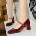 6295 French Small Fragrant Style Square Toe Rhinestone Flat Ribbon Silk Women's Shoes With Thick Mid Heel, Shallow_vogvips.com