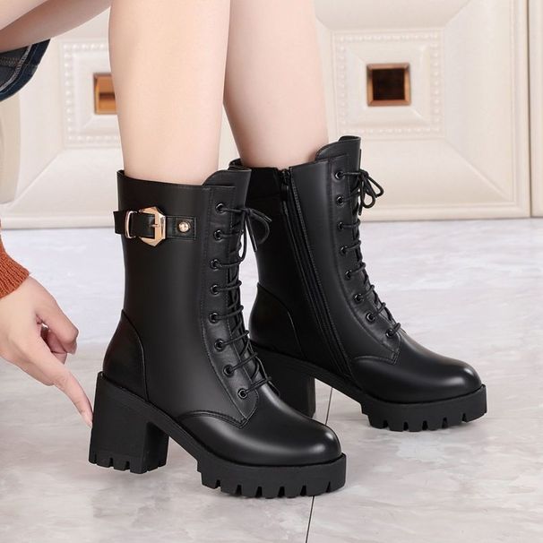 Ankle Boots Women Winter Mid Calf Boots Women Shoes Women Boots Thick Heel Martin Boots Women High Heel Leather Boots Plus Velvet Ladies Cotton Shoes_vogvips.com