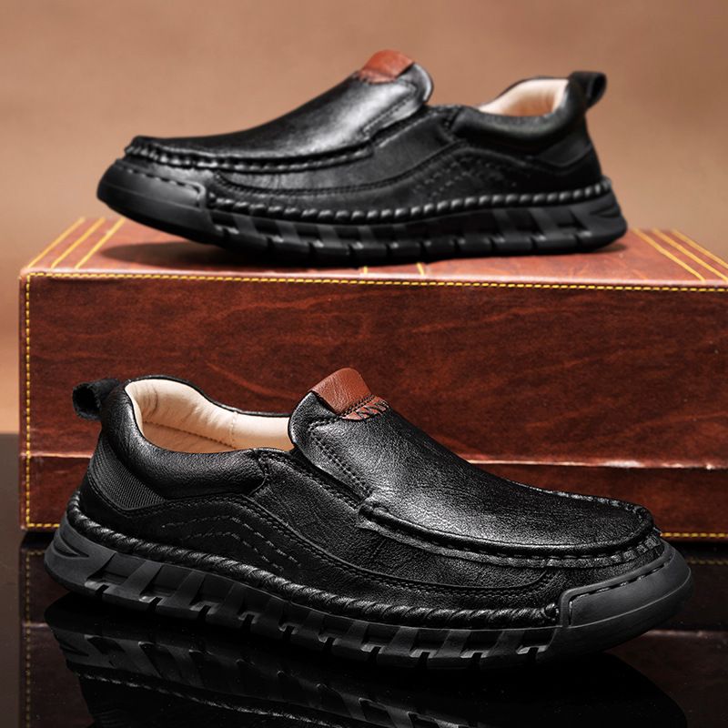 Cross-border Export Hot-selling Men's Hand-stitched Autumn Large-size Casual Shoes, Genuine Leather Slip-on Soft-soled_vogvips.com