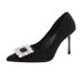 Sexy Pointed Square Button Rhinestone French Black High Heels For Women, 2025 Autumn New Versatile Slim Heel_vogvips.com