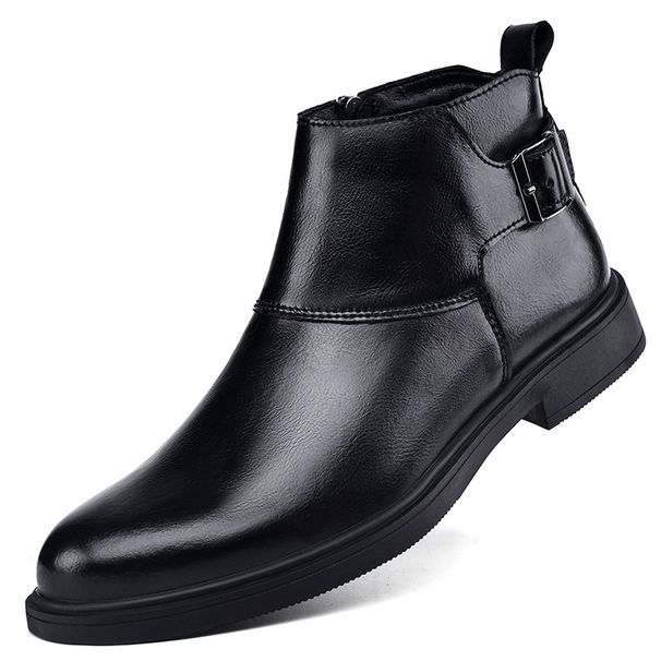 Large Size Men's Short Boots Retro Martin Boots Pointed Belt Buckle Velcro Cotton Boots Men's Shoes_vogvips.com