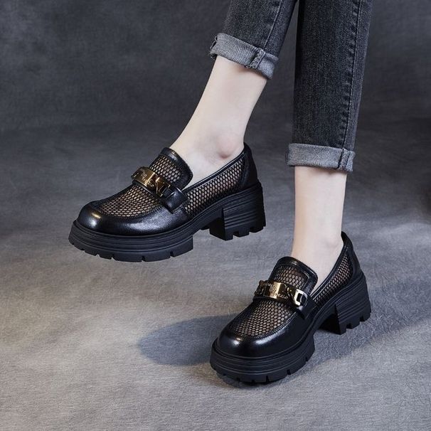 Mesh Platform Loafers Women's One-pedal Women's Shoes British Style Small Leather Shoes Hollow Single Shoes_vogvips.com