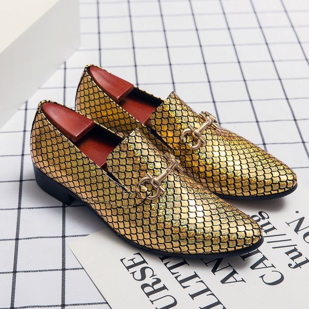 New Style Of Gold Men's Shoes Handsome Silver Pointed-toe Leather Shoes With One Foot, Fish Scale Pattern Business Gold Catwalk Dress Loafers_vogvips.com
