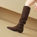 Cameido Women's Western Style High Heel Ankle Boots Velvet Wrinkle Stacked Boots Non Fleece Lined Autumn Winter_vogvips.com