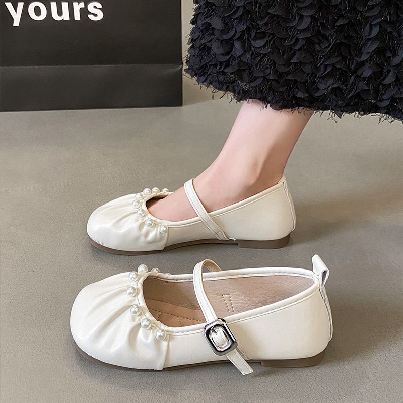 French Mary Jane Shoes Autumn Pearl Fairy Late Evening Wind Large Size Soft-soled Ballet Grandma Single Shoes_vogvips.com