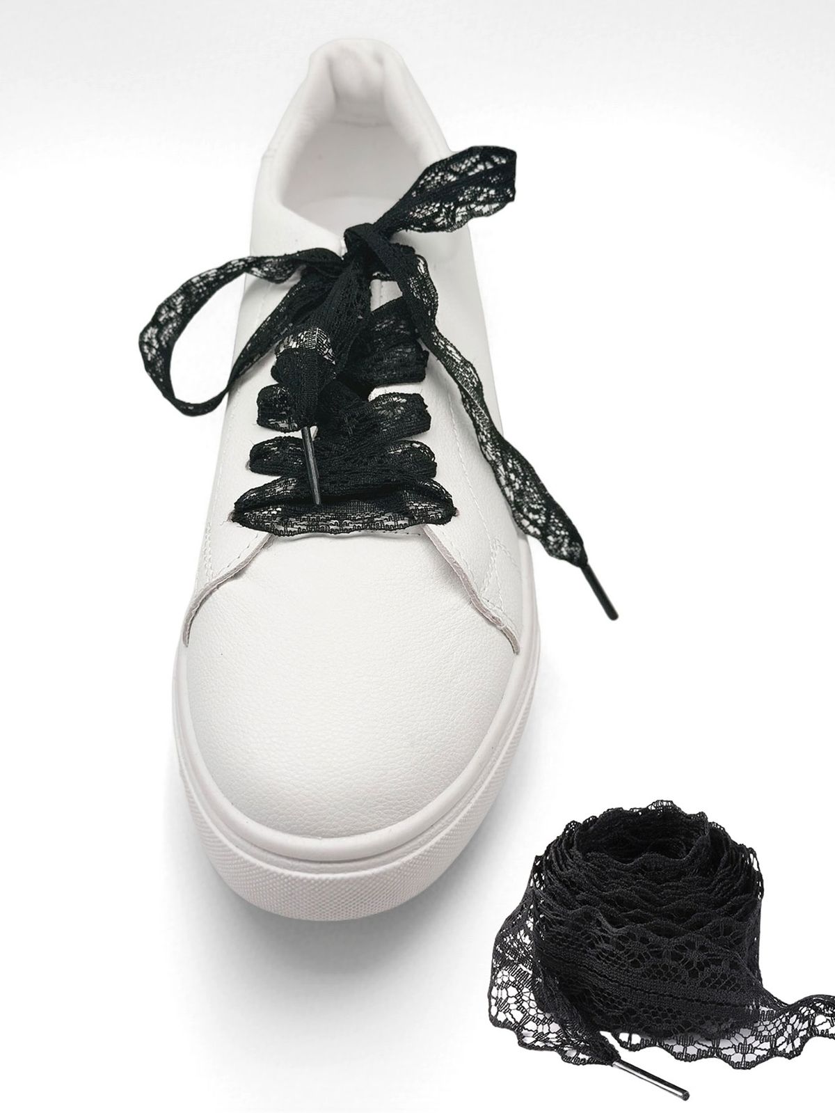 2 Pieces Lace Shoelaces, Ballet Style Cute Girl Accessory, Black And White Silk Lace Edged Shoelaces_vogvips.com
