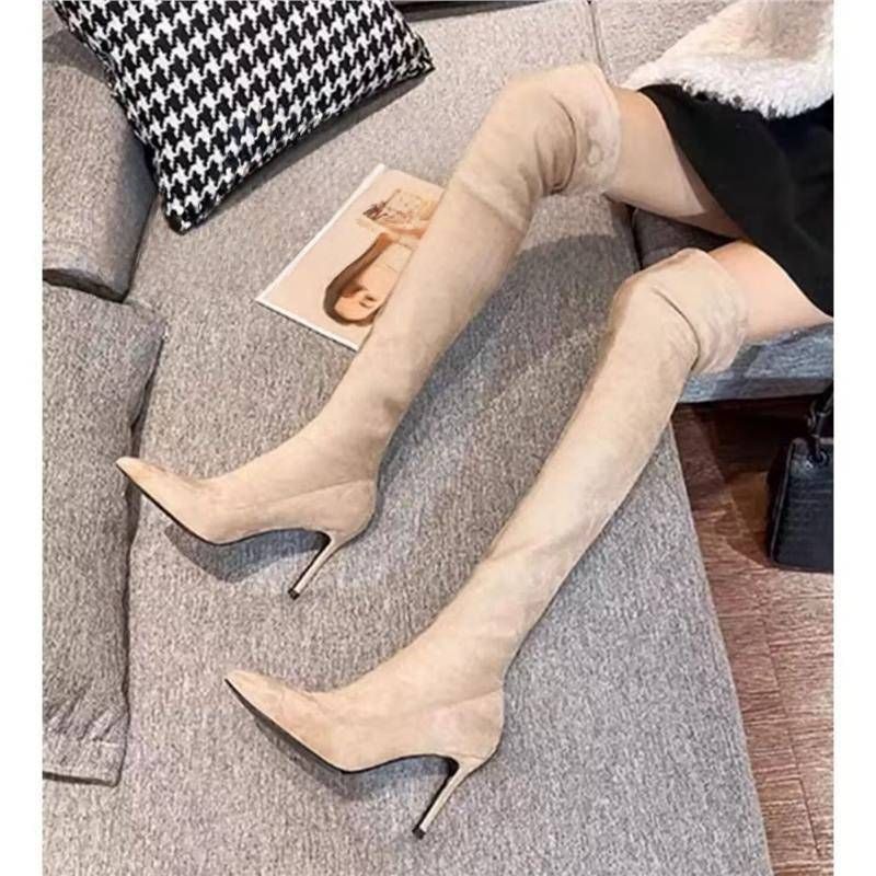 Women's Stretchy Over-the-Knee Boots - Pointed Toe High Heel Thigh Boots With 7cm Stiletto | Plush Lined | Slenderizing Tall Boots_vogvips.com