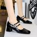 1389-1 Daily Versatile Sweet Mary Jane Women's Shoes Mid Heel Lacquered Leather Shallow Mouth Round Head Water Diamond_vogvips.com