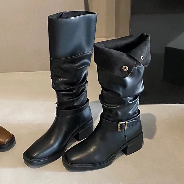 Cowhide Version ~ Thick-Soled Over-the-Knee For Women, Two-Way Wear Belt Buckle, Slouch With Chunky Heels, High Tube_vogvips.com