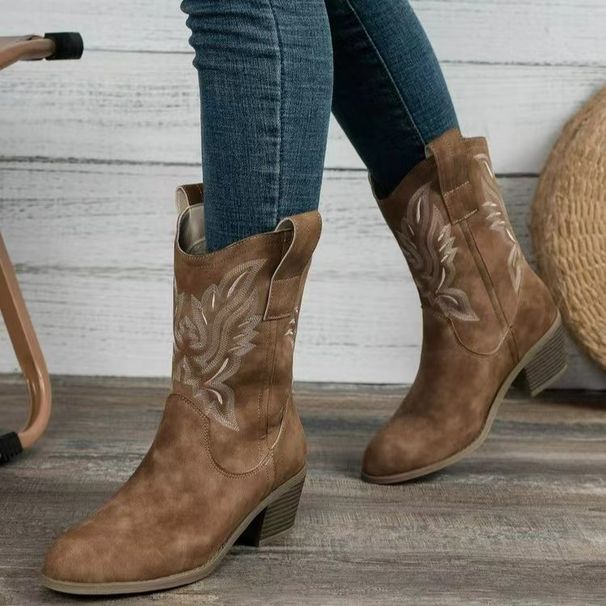 Women's Shoes Autumn And Winter New V Neck Embroidered Sleeve Thick Heel Knight Boots Retro Mid Tube Pointed Toe Western Cowboy Boots_vogvips.com