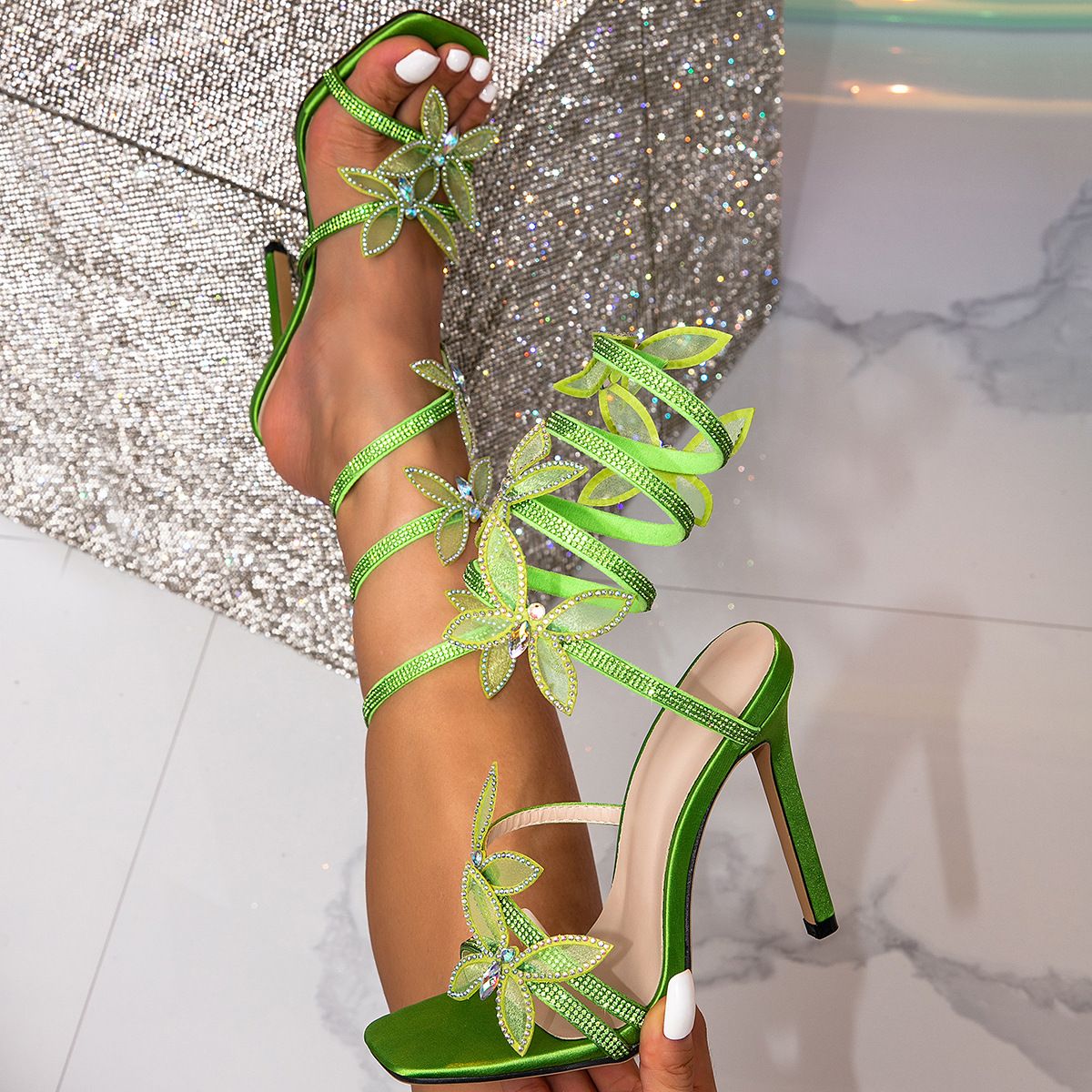 Women's Shoes Snake Shaped Wrapped Strappy Sandals Open Toe Rhinestone Bow Stiletto High Heel Sexy Sandals Women's Shoes Heels_vogvips.com