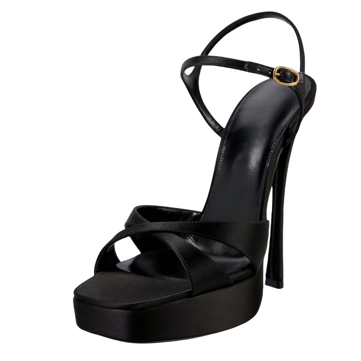 Directly Supplied By The Manufacturer, Black Satin Cross-strap Platform Sandals For Women With Buckle Ankle Strap, Sexy_vogvips.com