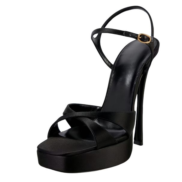 Directly Supplied By The Manufacturer, Black Satin Cross-strap Platform Sandals For Women With Buckle Ankle Strap, Sexy_vogvips.com