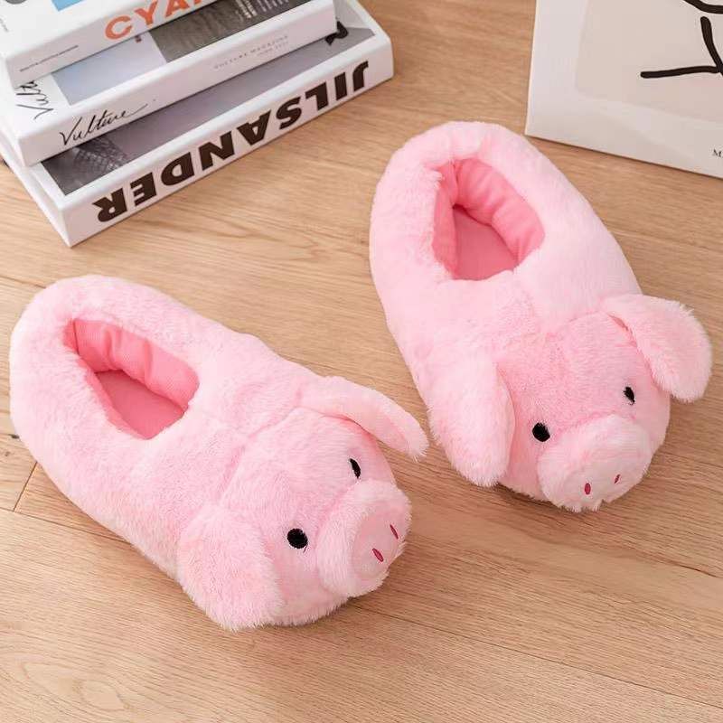 Cute Cartoon Pig Winter Warm Shoes Women Heel Cover Home Floor Slippers Soft Fur Indoor Fluffy House Bedroom Slides For_vogvips.com