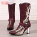 Women's Fashion Boots With Embroidery, Chunky Heel, Mid-Calf Height, Side Zipper, Black & Burgundy, Sizes 5-11_vogvips.com