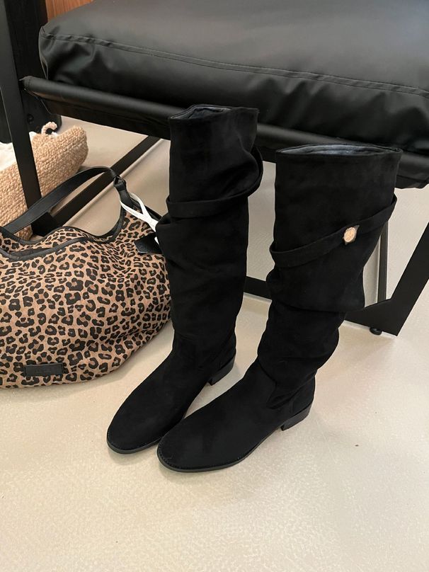 2024 Chunky Heel Retro Fleece-Lined Coffee Color Riding French Style Slim Bare Autumn Winter Women's Over-the-Knee Boots_vogvips.com