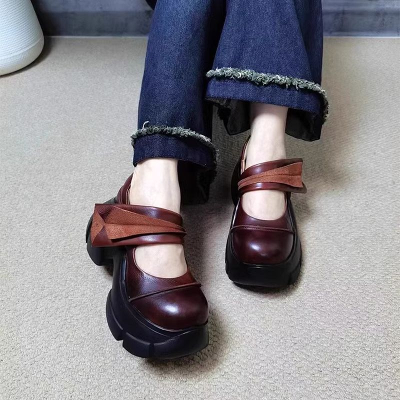 Soft Leather Thick Soled Coarse Single Order Spring And Autumn 2025, New Velcro Height Increasing Flat Ribbon Sponge_vogvips.com